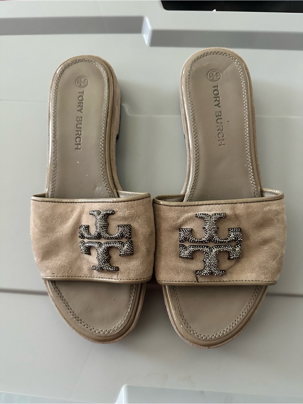Tory Burch gray Heron Suede Slide Sandals with Logo Accent